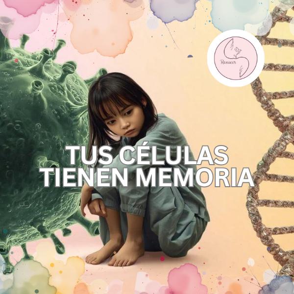 NIÑA CENTADA ENTRE UNA CELULA Y UNA CADENA DE ADN. TUS CELULAS ESCUCHAN LO QUE PIENSAS