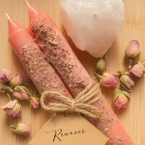 2 velas rosas con flores, que despierta el amor propio.